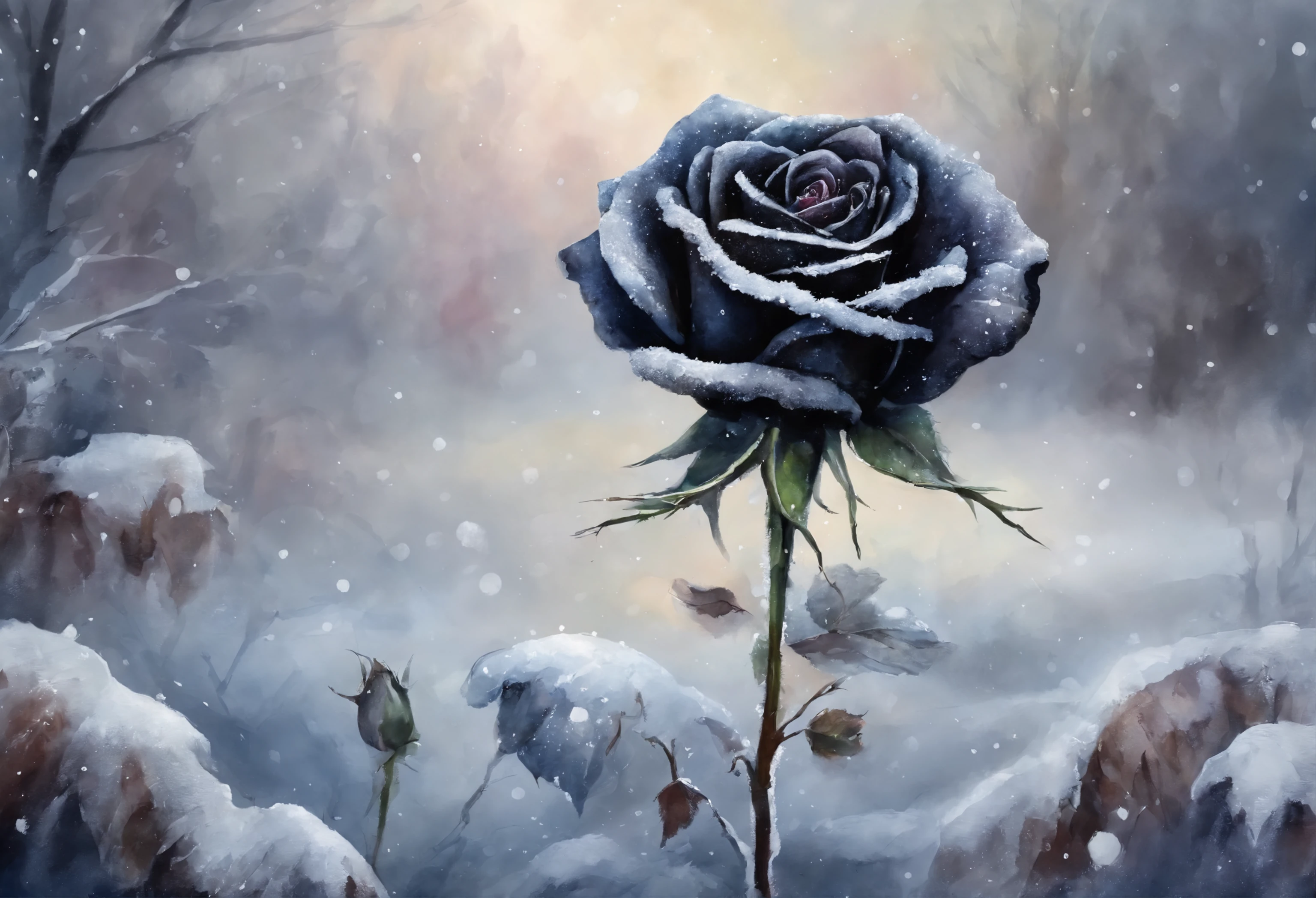 Black rose flower standing in the middle of fully frozen garden.