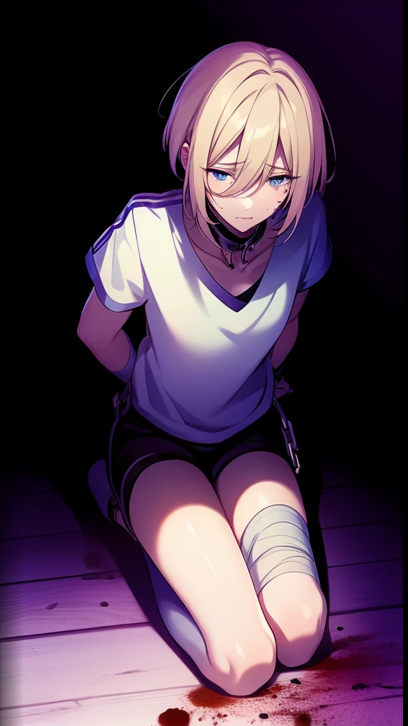 eichi tenshouin, blue eyes, short blonde hair, girl, 1girl, chains, basement, kidnapped, chained, hands chained, bruises, abuses, scary, blood dripping, kidnap, victim girl, solo girl, solo, wearing white tshirt, black shorts, slim legs, bandages, chains, chained, abused, purple bruises, bruises around eyes,  chained arms, kidnapping  chained neck, collar, dog collar on girl