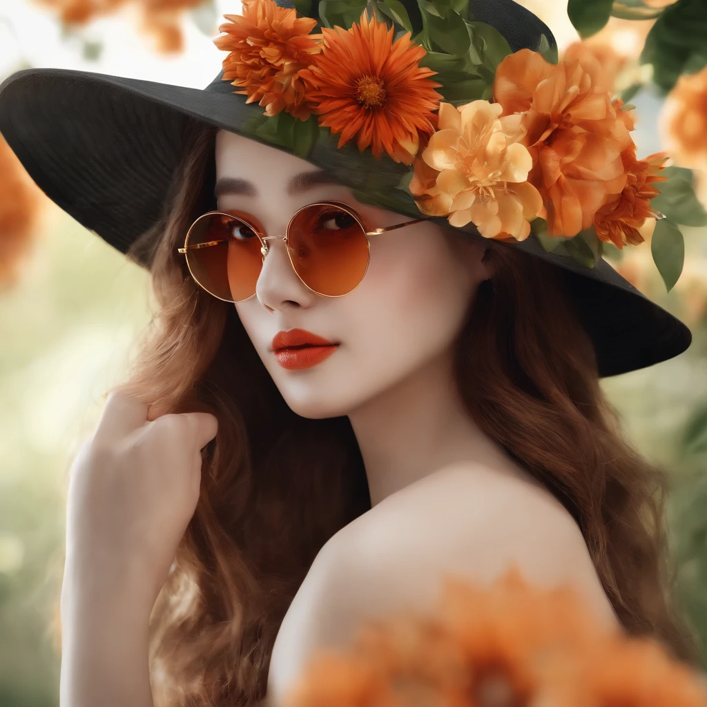 hight resolution, ultra-detailliert, 1girl, 独奏, extremely detailed eye, florals, Hats, hair adornments, jewely, a straw fedora hat, looking at the viewers, Lunette de soleil, hat flower, hair clips, 耳环, Red flowers, tinted eyewear, Yellow flowers, bangss, orange flower, the ring, cups, length hair, Orange eyewear, brown haired, portraitures,