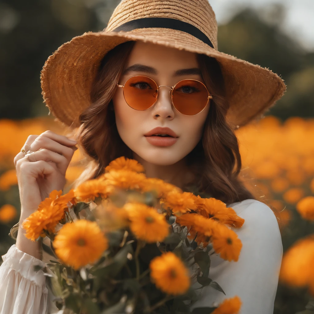 hight resolution, ultra-detailliert, 1girl, 独奏, extremely detailed eye, florals, Hats, hair adornments, jewely, a straw fedora hat, looking at the viewers, Lunette de soleil, hat flower, hair clips, 耳环, Red flowers, tinted eyewear, Yellow flowers, bangss, orange flower, the ring, cups, length hair, Orange eyewear, brown haired, portraitures,