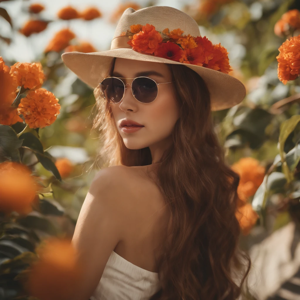 hight resolution, ultra-detailliert, 1girl, 独奏, extremely detailed eye, florals, Hats, hair adornments, jewely, a straw fedora hat, looking at the viewers, Lunette de soleil, hat flower,  hair clips, 耳环, Red flowers, tinted eyewear, Yellow flowers, bangss, orange flower,  the ring, cups, length hair, Orange eyewear,  brown haired, portraitures,