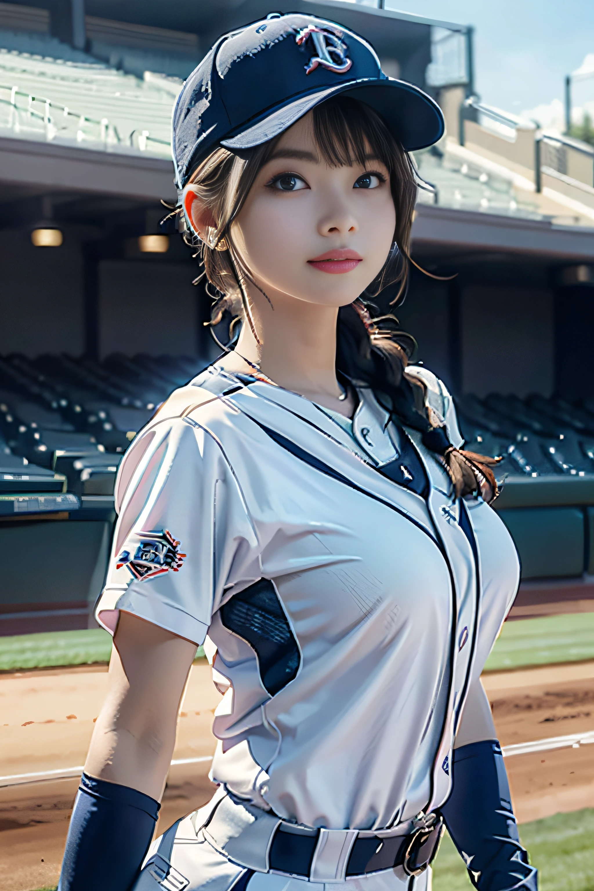 （Genuine， High resolution：1.3）， Girl with perfect body，Beautiful detailed girl, Very detailed目と顔, Beautiful and detailed, Ridiculous, unbelievable Ridiculous,Very detailedな, High resolution, Very detailed, highest quality, masterpiece,Cleavage, Very detailed, headquarters, Unity, 8k wallpaper, growing up, In detail, Masseter region,, highest quality, HVery detailed headquarters uniforms、Light on the face、18-year-old girl、((from the front)))，((whole body))、((Ground))，(())，((baseball player))，(())，Long neck、Listen carefully、Big eyes、eyelash、very cute，(())，((Small breasts))，Beautiful legs，((Beautiful thighs))，((Bob))，(())，((Baby Face))，(())