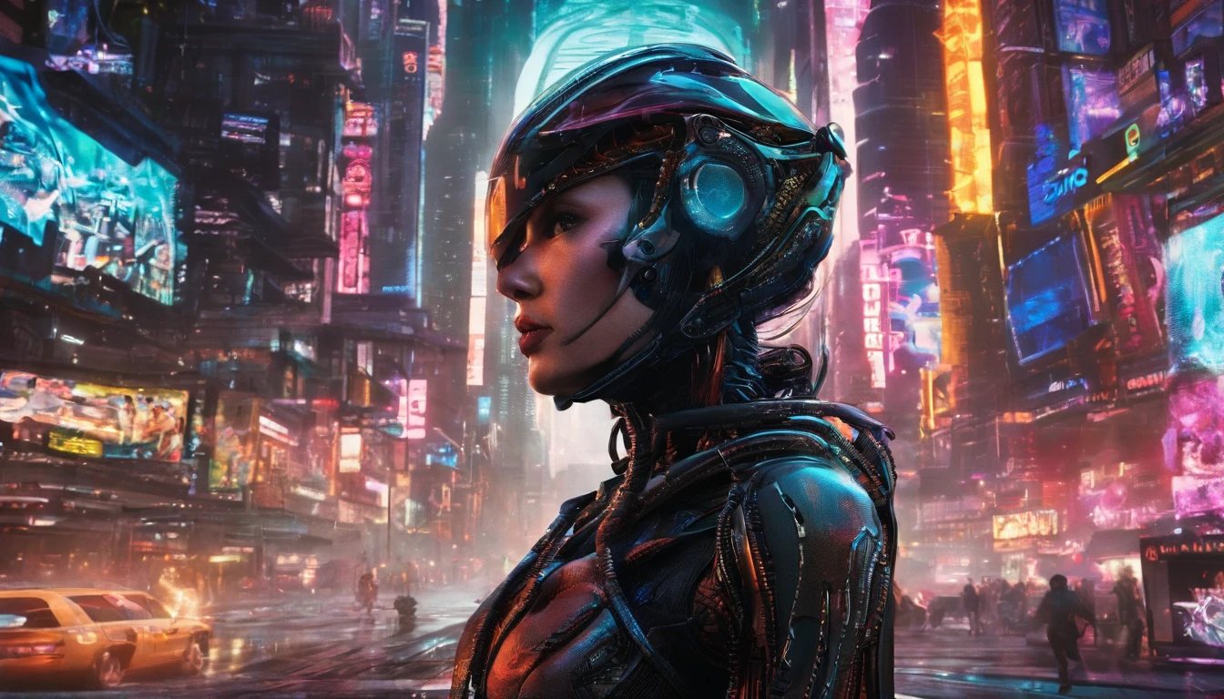 In a futuristic metropolis, Super Sexy Cyborg Girl, Her clothes were torn to shreds, Standing against the backdrop of towering holographic billboards, In a sea of bustling crowds, It shows the fusion of man and machine in the cyberpunk world., digital art, High-resolution rendering,