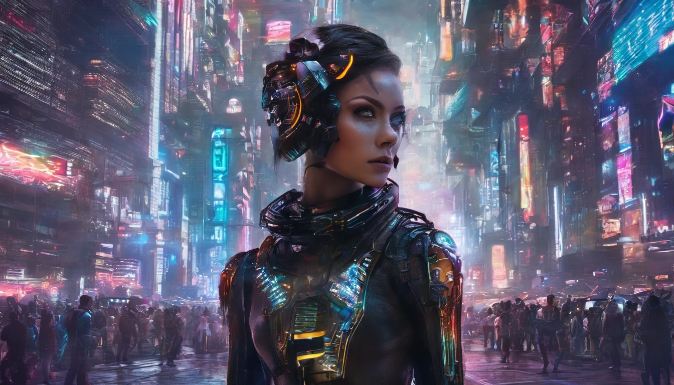 In a futuristic metropolis, Super Sexy Cyborg Girl, Her clothes were torn to shreds, Standing against the backdrop of towering holographic billboards, In a sea of bustling crowds, It shows the fusion of man and machine in the cyberpunk world., digital art, High-resolution rendering,