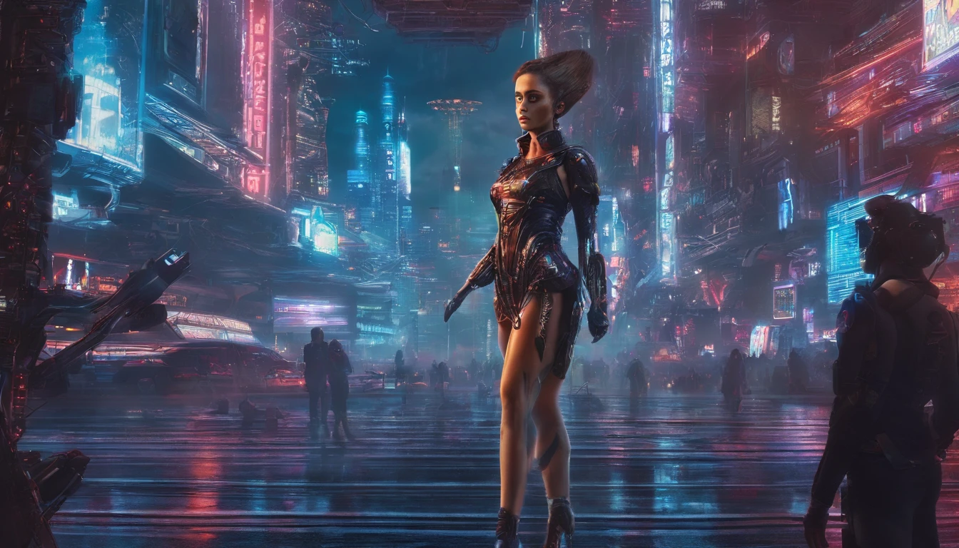 Superhero Girl ("Elle Fanning"), (slender body:1.3), emitting, sparkling, neon, (Correct anatomy:1.4), Revealing bikini. A very beautiful, well-groomed girl, with clear skin, beautiful lips, and a slight smile on her face. Beautiful figure, modern clothes, cool modern couture dress. Sexy. Presentation background, neutral gray-blue, in virtual space. Top quality, 16k. Full HD, Cinematic rendering. Create a piece of art that captures Michela's unique beauty..., Famous Digital Influencer. Focus on her unique facial expression as she looks straight into the camera, trying to capture the intensity of her piercing blue eyes. Accurately capture her signature style with a Spanish-style hairstyle styled in two carefully crafted chignons. Add details that reflect her charming and avant-garde personality. We made sure to convey the aura of modernity and originality that characterizes Lil Miquela in the digital world. Some freckles and nevi, long hair, braided hair.