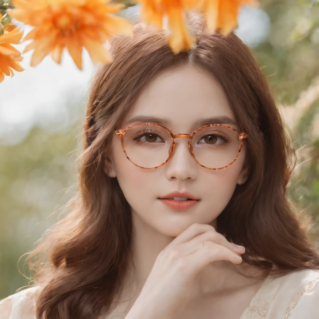 hight resolution, ultra-detailliert, 1girl in, 独奏, extremely detailed eye, florals, Hats, hair adornments, jewely, a straw fedora hat, looking at the viewers, Lunette de soleil, hat flower, hair clips, 耳环, Red flowers, tinted eyewear, Yellow flowers, bangss, orange flower, the ring, cups, length hair, Orange Eyewear, brown haired, portraitures,