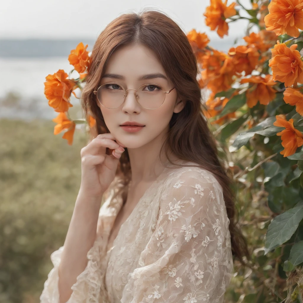 hight resolution, ultra-detailliert, 1girl in, 独奏, extremely detailed eye, florals, Hats, hair adornments, jewely, a straw fedora hat, looking at the viewers, Lunette de soleil, hat flower, hair clips, 耳环, Red flowers, tinted eyewear, Yellow flowers, bangss, orange flower, the ring, cups, length hair, Orange Eyewear, brown haired, portraitures,