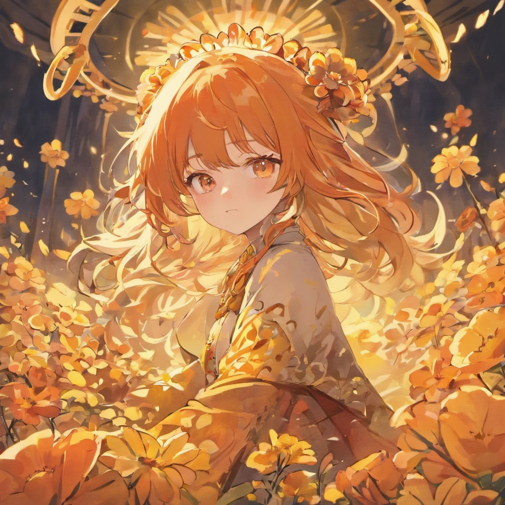 hight resolution, ultra-detailliert, 1girl in, 独奏, extremely detailed eye, florals, Hats, hair adornments, jewely, a straw fedora hat, looking at the viewers, Lunette de soleil, hat flower, hair clips, 耳环, Red flowers, tinted eyewear, Yellow flowers, bangss, orange flower, the ring, cups, length hair, Orange Eyewear, brown haired, portraitures,