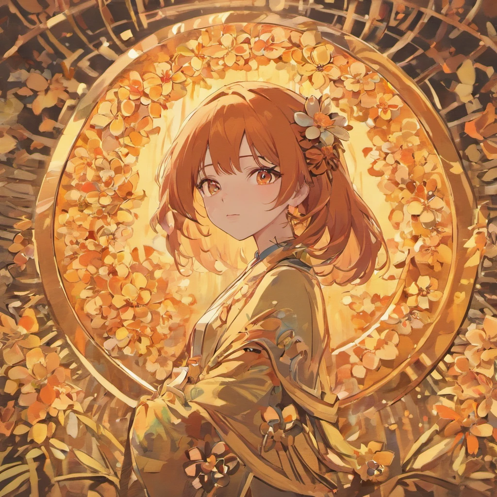 hight resolution, ultra-detailliert, 1girl in, 独奏, extremely detailed eye, florals, Hats, hair adornments, jewely, a straw fedora hat, looking at the viewers, Lunette de soleil, hat flower, hair clips, 耳环, Red flowers, tinted eyewear, Yellow flowers, bangss, orange flower, the ring, cups, length hair, Orange Eyewear, brown haired, portraitures,