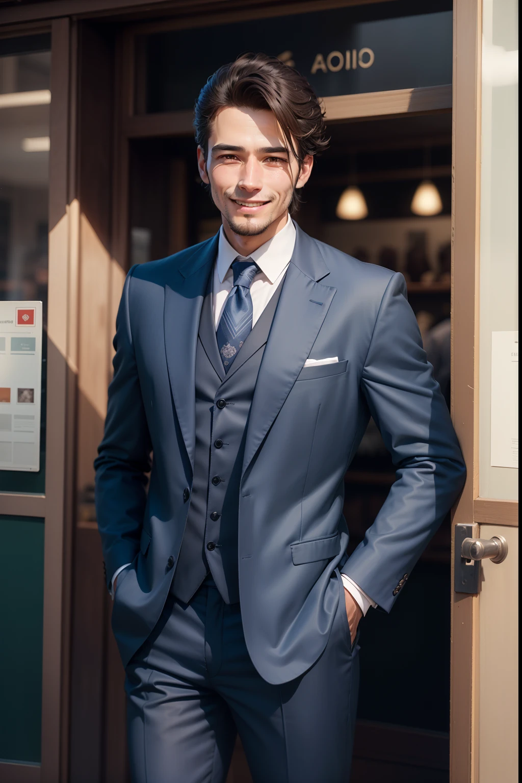 A man in a suit stands in front of a tailor shop,The expression is smiling