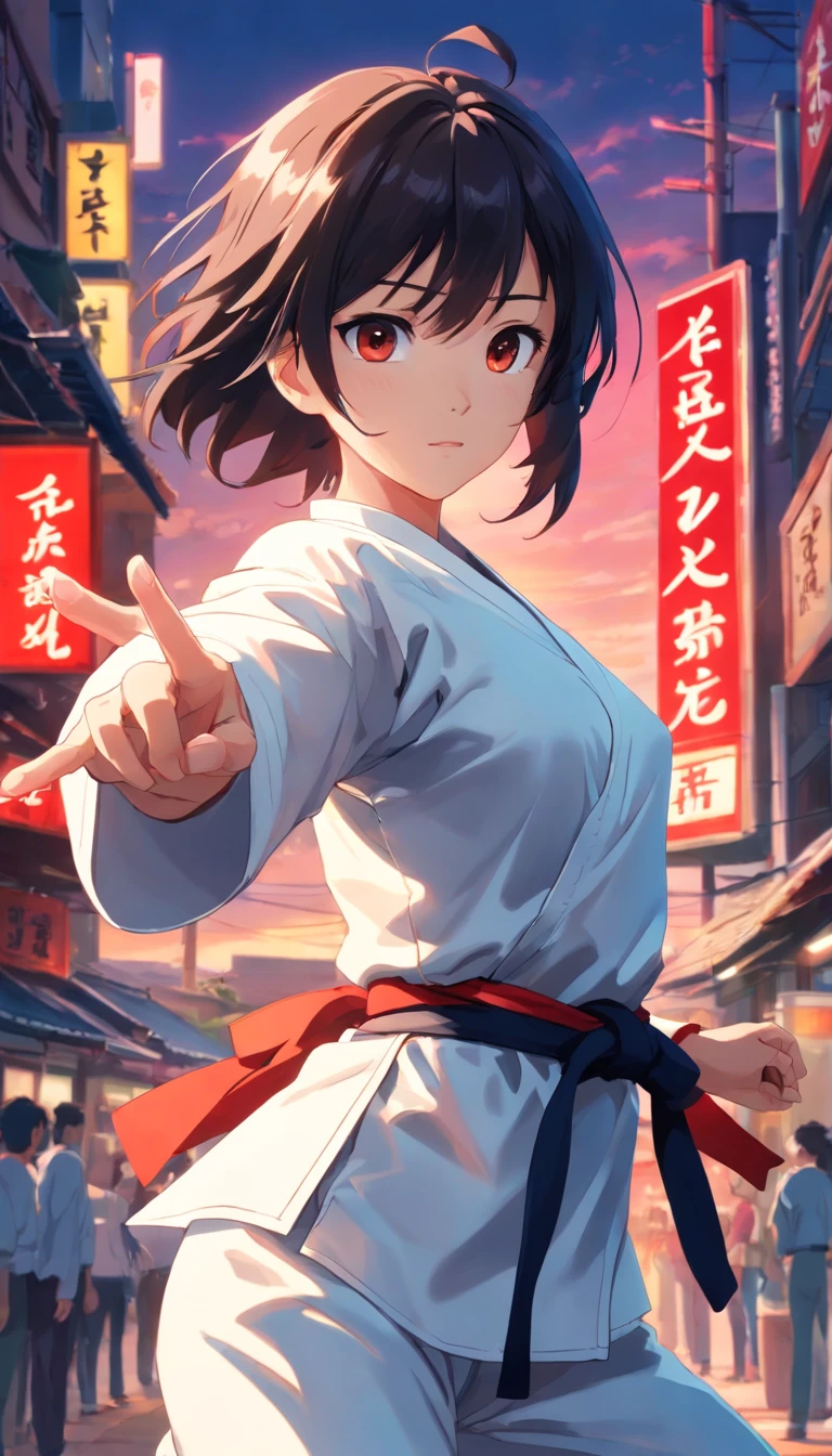 Anime young woman, wearing white karate costume, short black hair with red underdye, energia focada, Lutador de rua, Random karate pose, (detalhes intrincados), HDR, (detalhes intrincados, super fino: 1.2), filmagem de cinema, Centrado,