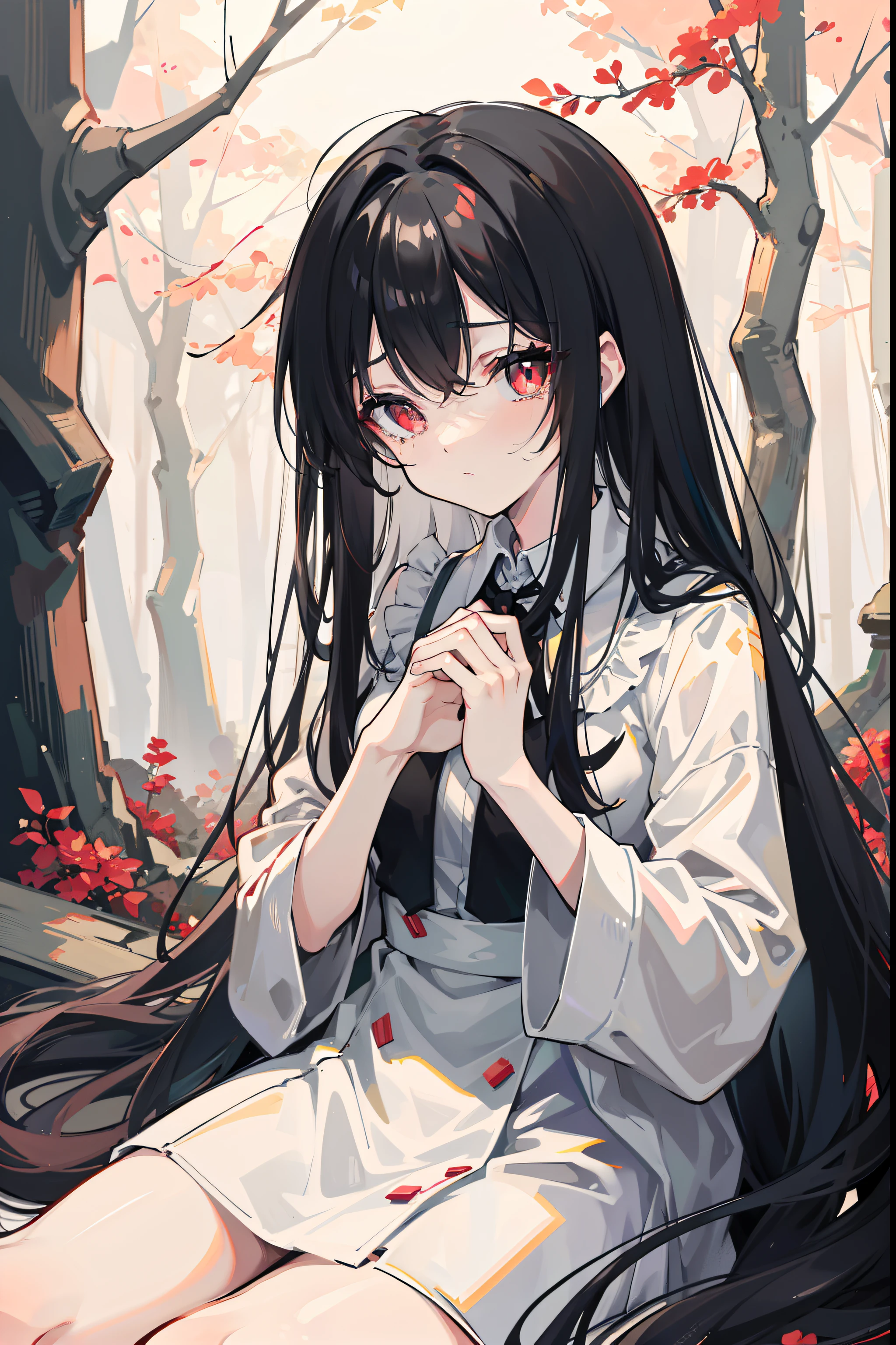 a pregirl，duck sitting，Lori sits，in the middle of a forest，The mouth opened slightly，red color eyes，Dress revealingly，，amator，Pure，ignorant，foggy atmosphere，Heavy fog，Looming，The body is hidden in the fog，Black Forest，dew，long whitr hair，Extra-long hair，Black color hair，Wet hair，coniferous forest，Fold your hands to your chest，Chilling，Shivering，On the verge of tears，Masterpiece, Anatomically correct, Textured skin, Award-Awarded, Best quality