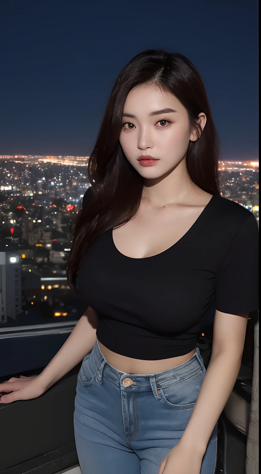 ((mid night、top-quality、8k、​masterpiece:1.3)), full bodyesbian, long legged, foco nítido:1.2, Beautiful woman with perfect body shape:1.4, Slender Abs:1.1, ((dark brown  hair、huge tit:1.2)), (White tight t-shirt、Tight skinny jeans 、is standing:1.2), ((Night City View、On the rooftop:1.3)), Highly detailed facial and skin texture, A detailed eye,