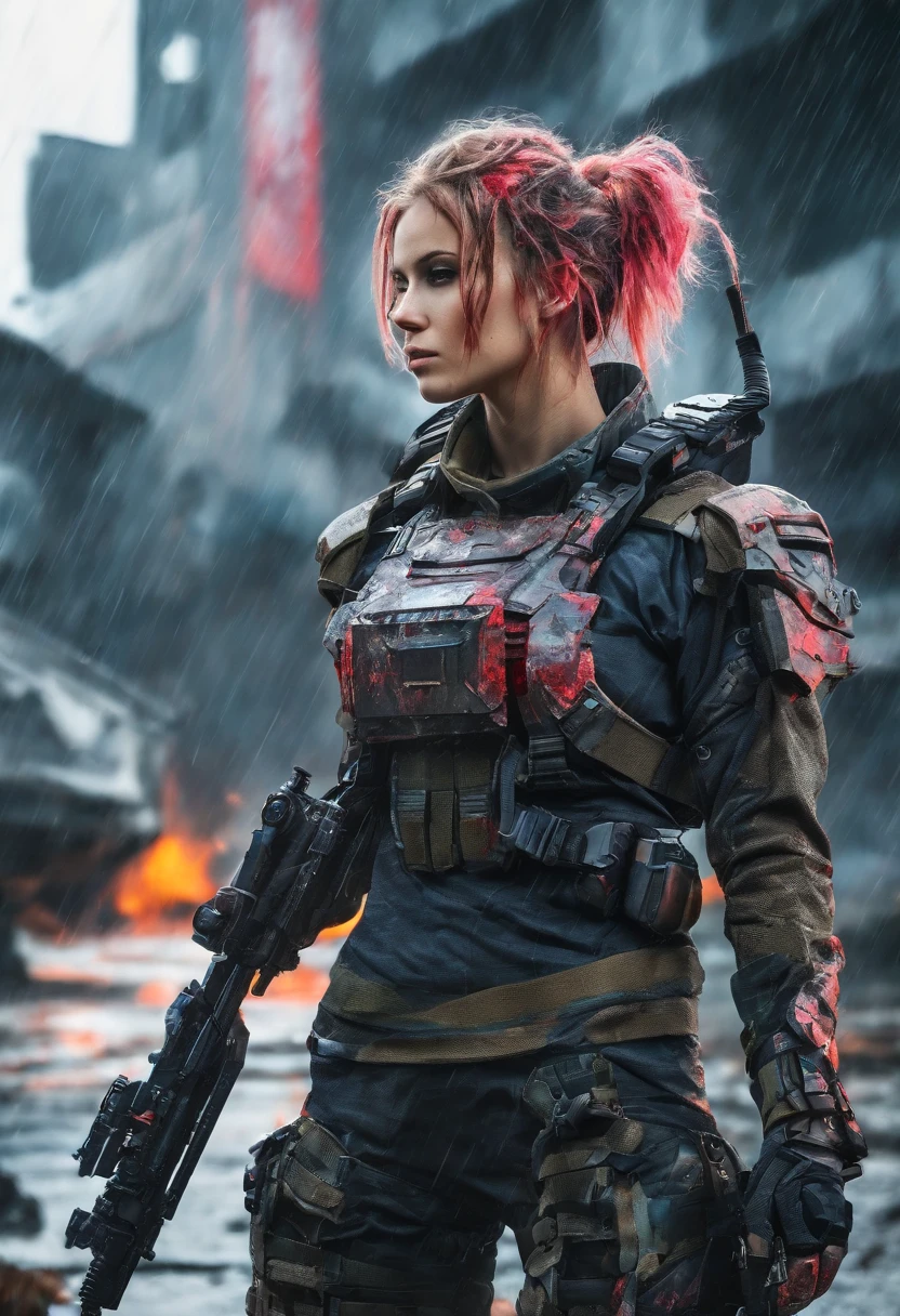 Postapocalyptic combat scene with a Beautiful hyperrealistic photograph of cute Young Swedish woman with Runic tattoos, ((dirty face Blood splattered)), (((wearing full heavy mecha armor, combat harness, Neon highlights))) Short Red Dreadlocks, combat pose, (((Holding on to the side of a combat Sci-Fi Combat helicopter))), exterior of Destroyed building, Fires, Smoke, debris, Camo netting, Ammo Boxes, Rain, Stormy, Wet, abstract beauty, near perfection, pure form, intricate detail, 8k post-production, High resolution, super Detail, trending on ArtStation, sharp focus, studio photos, intricate detail, Very detailed, By Greg Rutkowski
