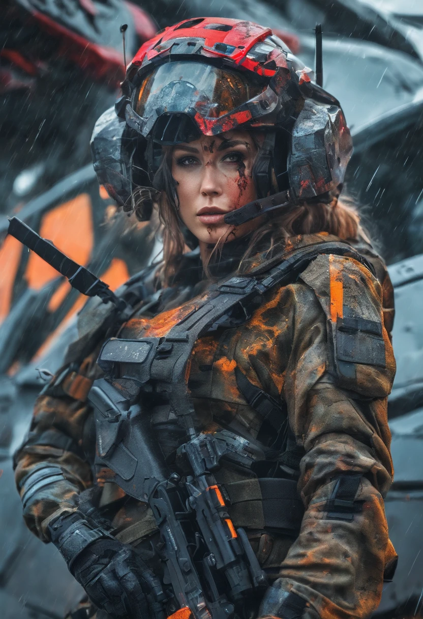 Postapocalyptic combat scene with a Beautiful hyperrealistic photograph of cute Young Swedish woman with Runic tattoos, ((dirty face Blood splattered)), (((wearing full heavy mecha armor, combat harness, Neon highlights))) Short Red Dreadlocks, combat pose, (((Holding on to the side of a combat Sci-Fi Combat helicopter))), exterior of Destroyed building, Fires, Smoke, debris, Camo netting, Ammo Boxes, Rain, Stormy, Wet, abstract beauty, near perfection, pure form, intricate detail, 8k post-production, High resolution, super Detail, trending on ArtStation, sharp focus, studio photos, intricate detail, Very detailed, By Greg Rutkowski