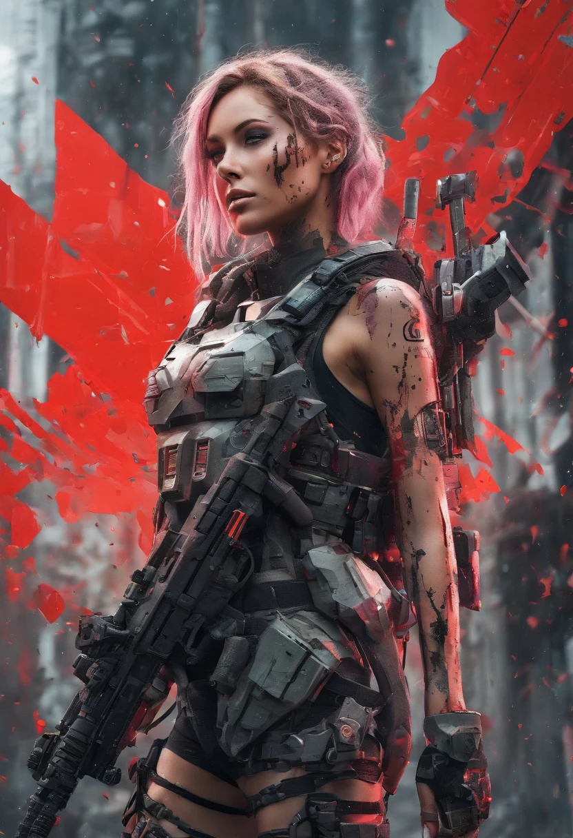 Postapocalyptic combat scene with a Beautiful hyperrealistic photograph of cute Young Swedish woman with Runic tattoos, ((dirty face Blood splattered)), (((wearing full heavy mecha armor, combat harness, Neon highlights))) Short Red Dreadlocks, combat pose, (((Holding on to the side of a combat Sci-Fi Combat helicopter))), exterior of Destroyed building, Fires, Smoke, debris, Camo netting, Ammo Boxes, Rain, Stormy, Wet, abstract beauty, near perfection, pure form, intricate detail, 8k post-production, High resolution, super Detail, trending on ArtStation, sharp focus, studio photos, intricate detail, Very detailed, By Greg Rutkowski