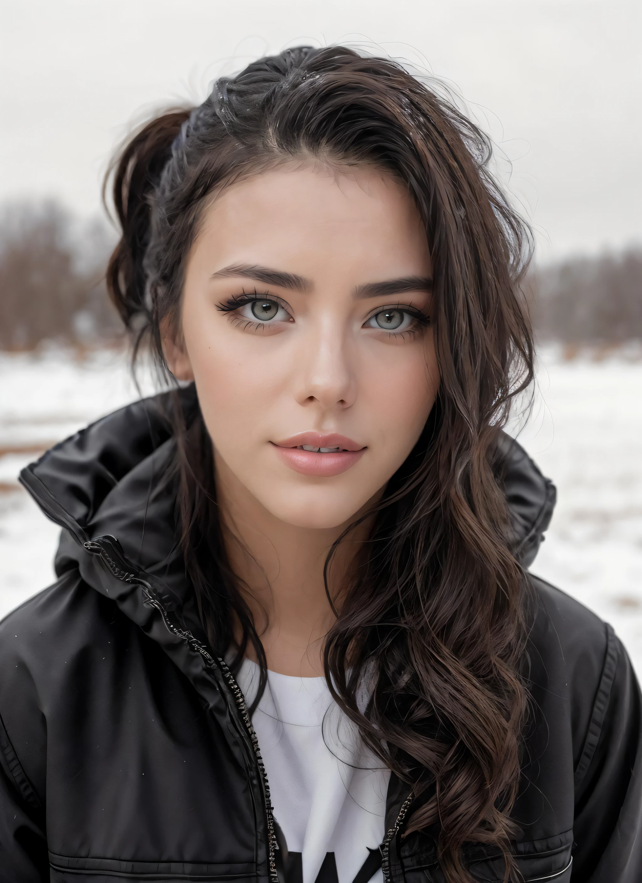 RAW Photo, professional color graded, BREAK portrait photograph of girl Adr1anaCh3chik, (makeup, eyeliner), ponytail hair, wearing puffy jacket, snowy background, sharp focus, HDR, 8K resolution, intricate detail, sophisticated detail, depth of field, analogue RAW DSLR, photorealistic, looking at viewer,
