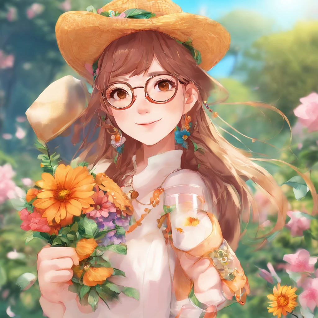 hight resolution, ultra-detailliert, 1girl in, 独奏, extremely detailed eye, florals, Hats, hair adornments, jewely, a straw fedora hat, looking at the viewers, Lunette de soleil, hat flower, hair clips, 耳环, Red flowers, tinted eyewear, Yellow flowers, bangss, orange flower, the ring, cups, length hair, Orange Eyewear, brown haired, portraitures,