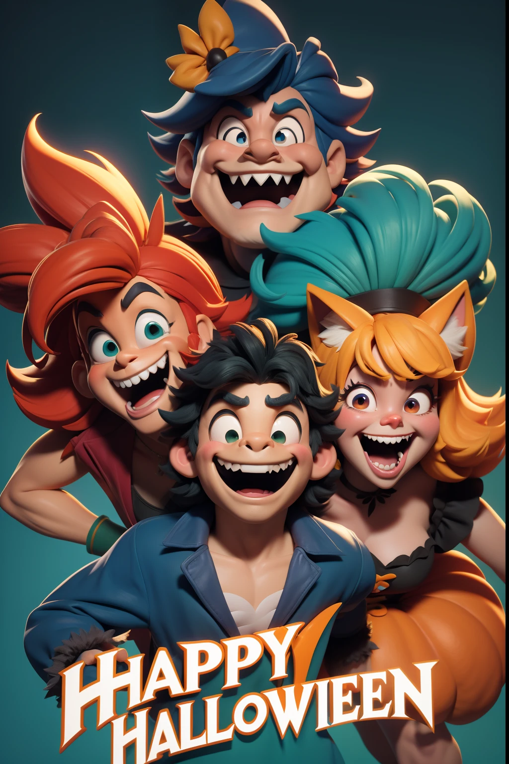 Happy Halloween. poster Announcement. Funny cheerful wild shaggy characters in various costumes in the style of a 3D Disney cartoon. close-up. Blurred blue-green-red background. Studio lighting. light haze.