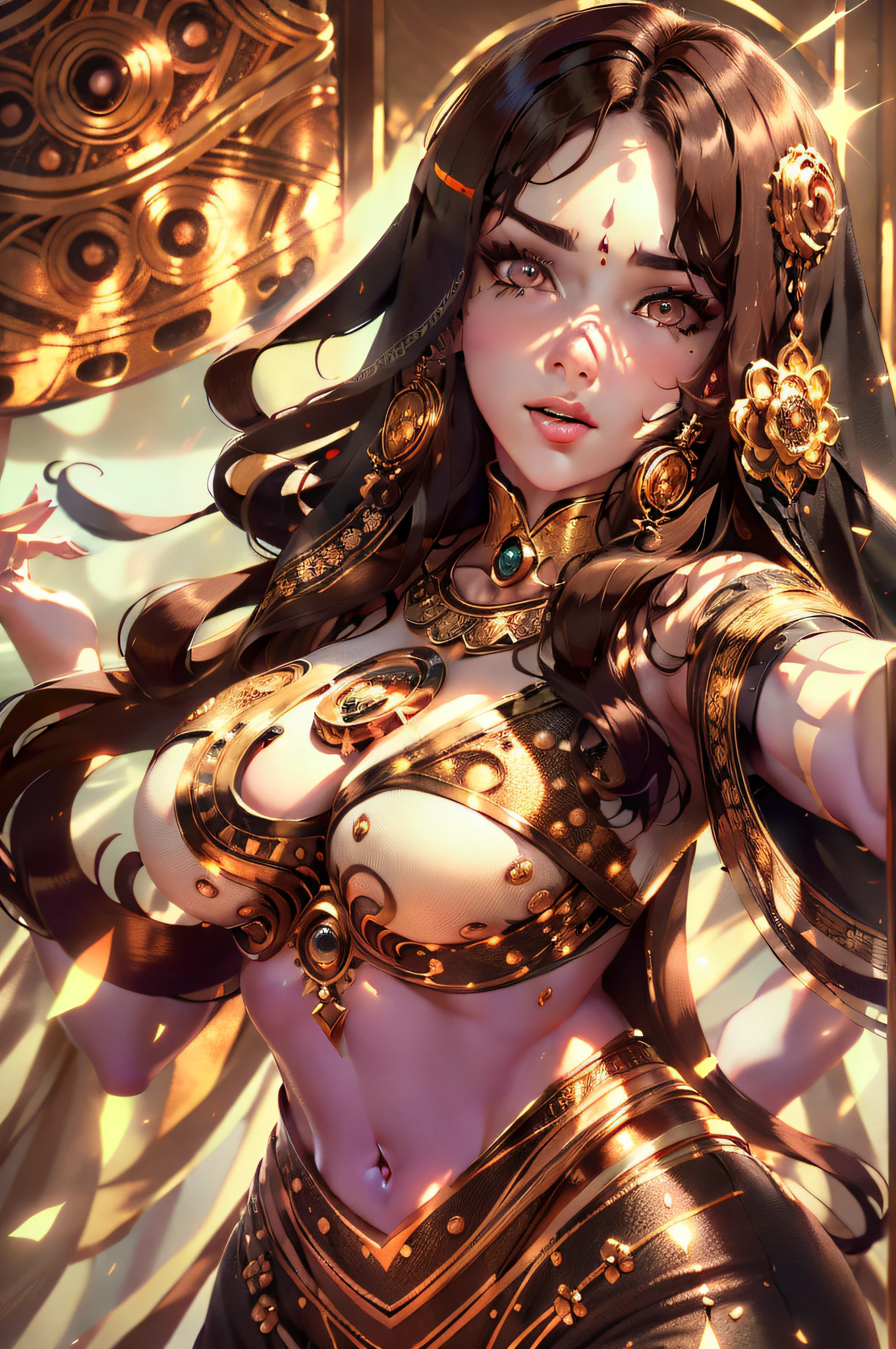 ((luz realista, best quality, 8k, master part: 1.3)), Selfie, 1 girl, Mulher bonita na figura perfeita: 1.4, Abs: 1.1, ((seios ridiculamente grandes))), (seios ridiculamente enormes: 1.5), (Seios enormes)), (brown hair, Seios enormes: 1.5), arabian dress: 1.2, cama, Face Ultra Detalhada, Olhos detalhados, double eyelids, Perfect hands Perfect fingers Perfect chest Perfect hair Perfect face Perfect body