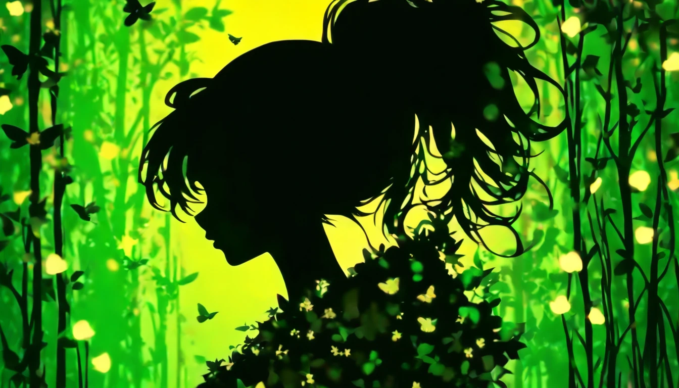 (Silhouette Art,cutouts:1.6)
(((Paper cutting art,A world where only black exists:1.3)
(Cowboy Shot),1 girl,Solo,
(Kimono Girl,profile:1.2),white, Clear and beautiful face,
BREAK
(Lots of fireflies、Pale green light)
Textured glass background,