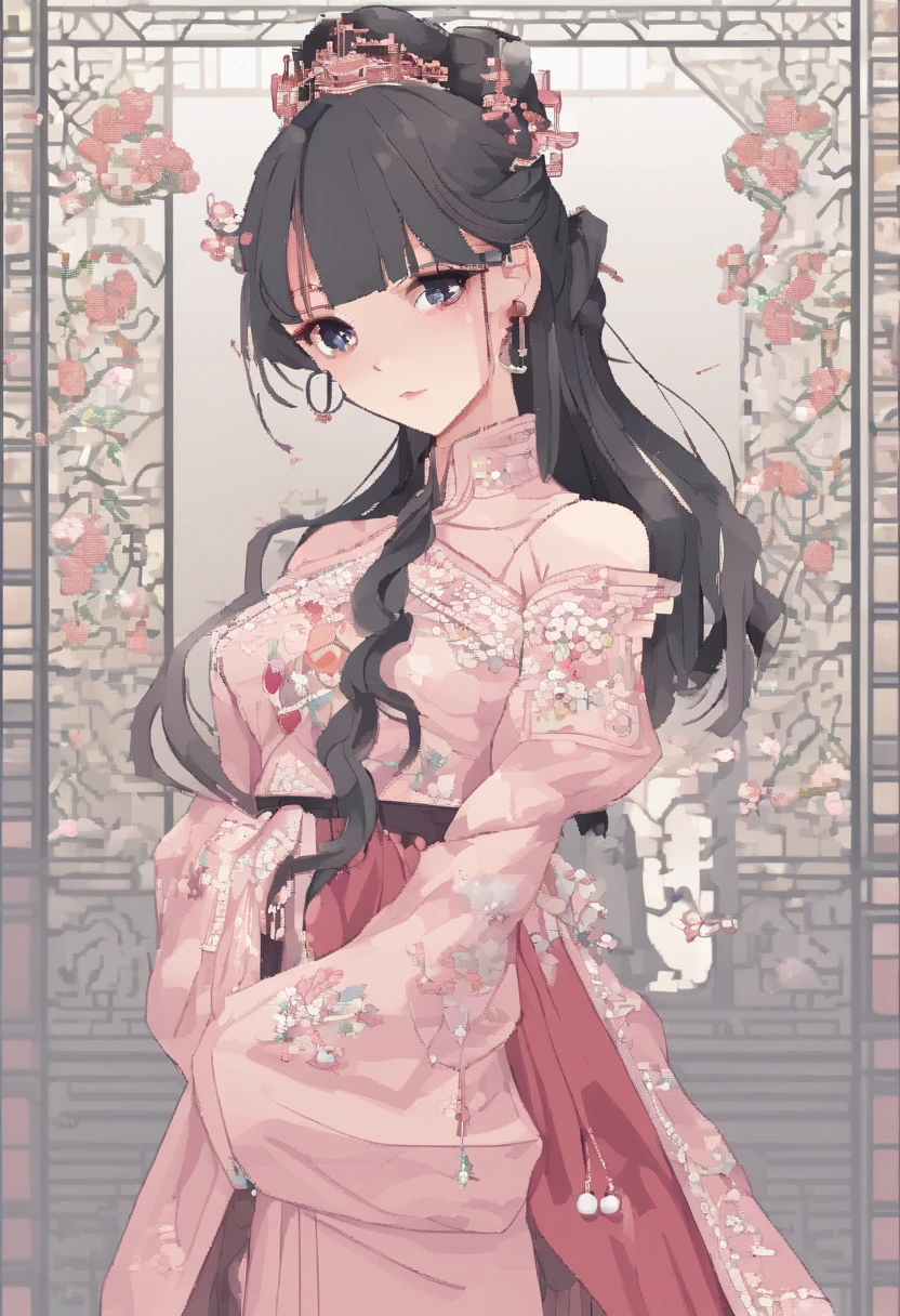 A high resolution，ultra - detailed）， offcial art, Unity 8k壁纸, Ultra-detailed, Beautiful and aesthetically pleasing, tmasterpiece, best qualityer,long  skirt，Slim girl girl, Dressing, clothing design, Rose, Sweet tea, Pink, Fishtail skirt, Diagonal lace design, Decorated with delicate pearls, short- sleeved, Wear a neck circumference, Stacking art, Fairy style, Elegant temperament，New Chinese style，（Chinese style coiled hair）