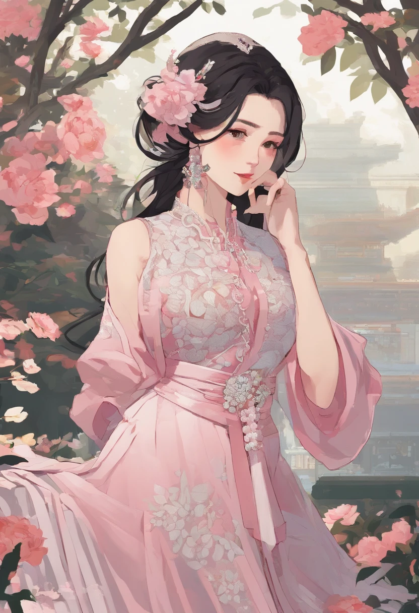 A high resolution,ultra - detailed), offcial art, Unity 8k壁纸, Ultra-detailed, Beautiful and aesthetically pleasing, tmasterpiece, best qualityer,long skirt,Slim girl girl, Dressing, clothing design, Rose, Sweet tea, Pink, Fishtail skirt, Diagonal lace design, Decorated with delicate pearls, short- sleeved, Wear a neck circumference, Stacking art, Fairy style, Elegant temperament,New Chinese style,(Chinese style coiled hair)