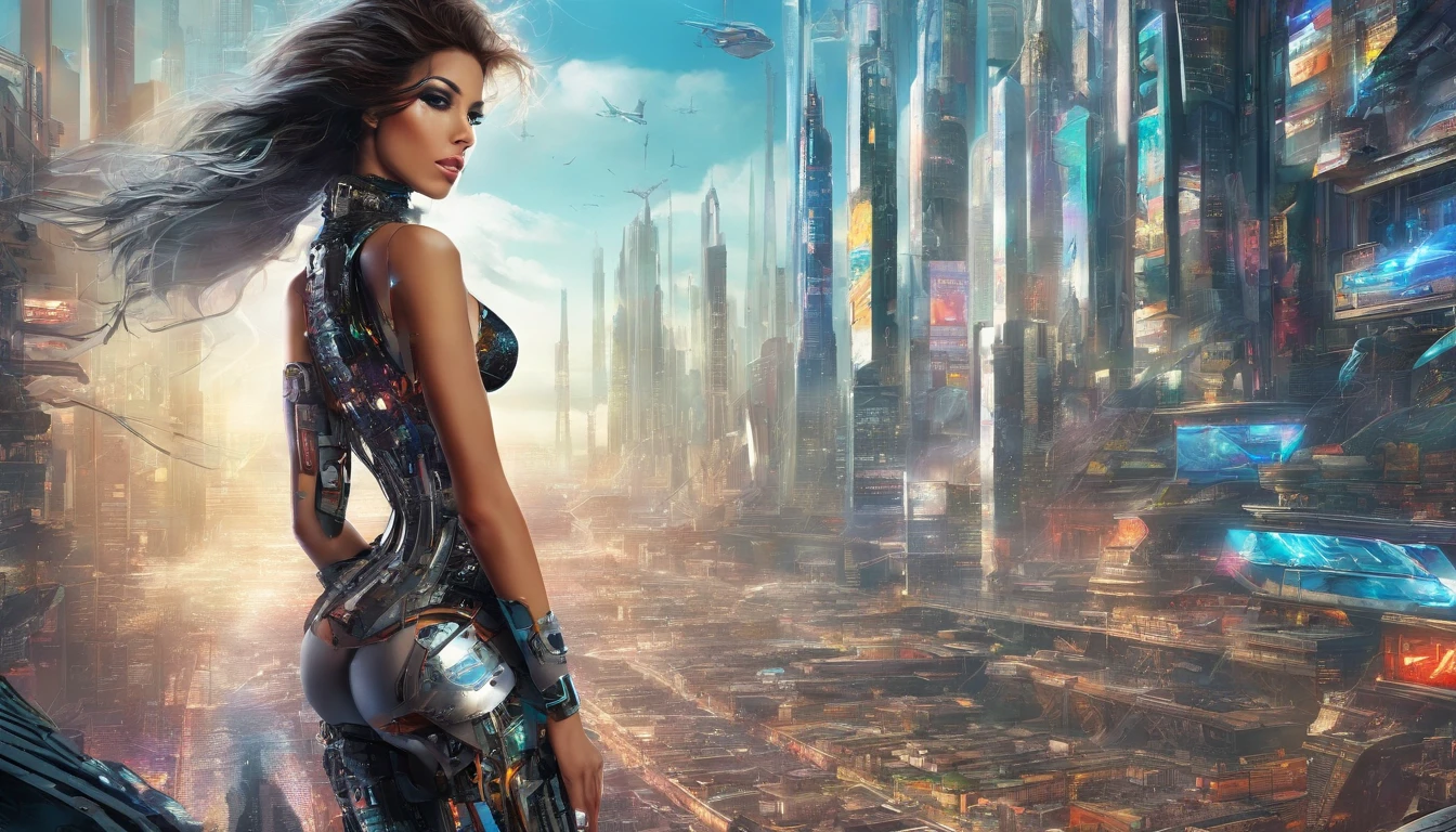 In a futuristic metropolis, Super Sexy Cyborg Girl, Her clothes were torn to shreds, Standing against the backdrop of towering holographic billboards, In a sea of bustling crowds, It shows the fusion of man and machine in the cyberpunk world., digital art, High-resolution rendering,
