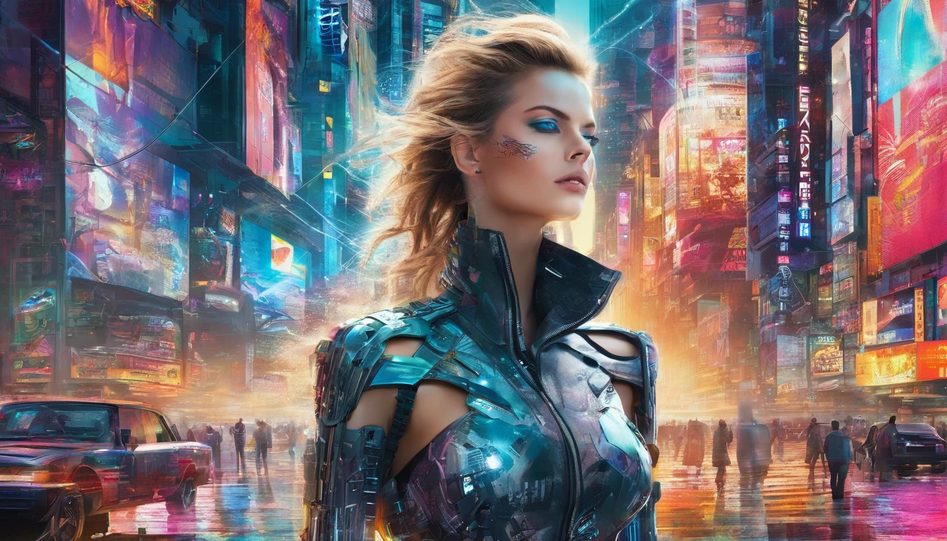 In a futuristic metropolis, Super Sexy Cyborg Girl, Her clothes were torn to shreds, Standing against the backdrop of towering holographic billboards, In a sea of bustling crowds, It shows the fusion of man and machine in the cyberpunk world., digital art, High-resolution rendering,