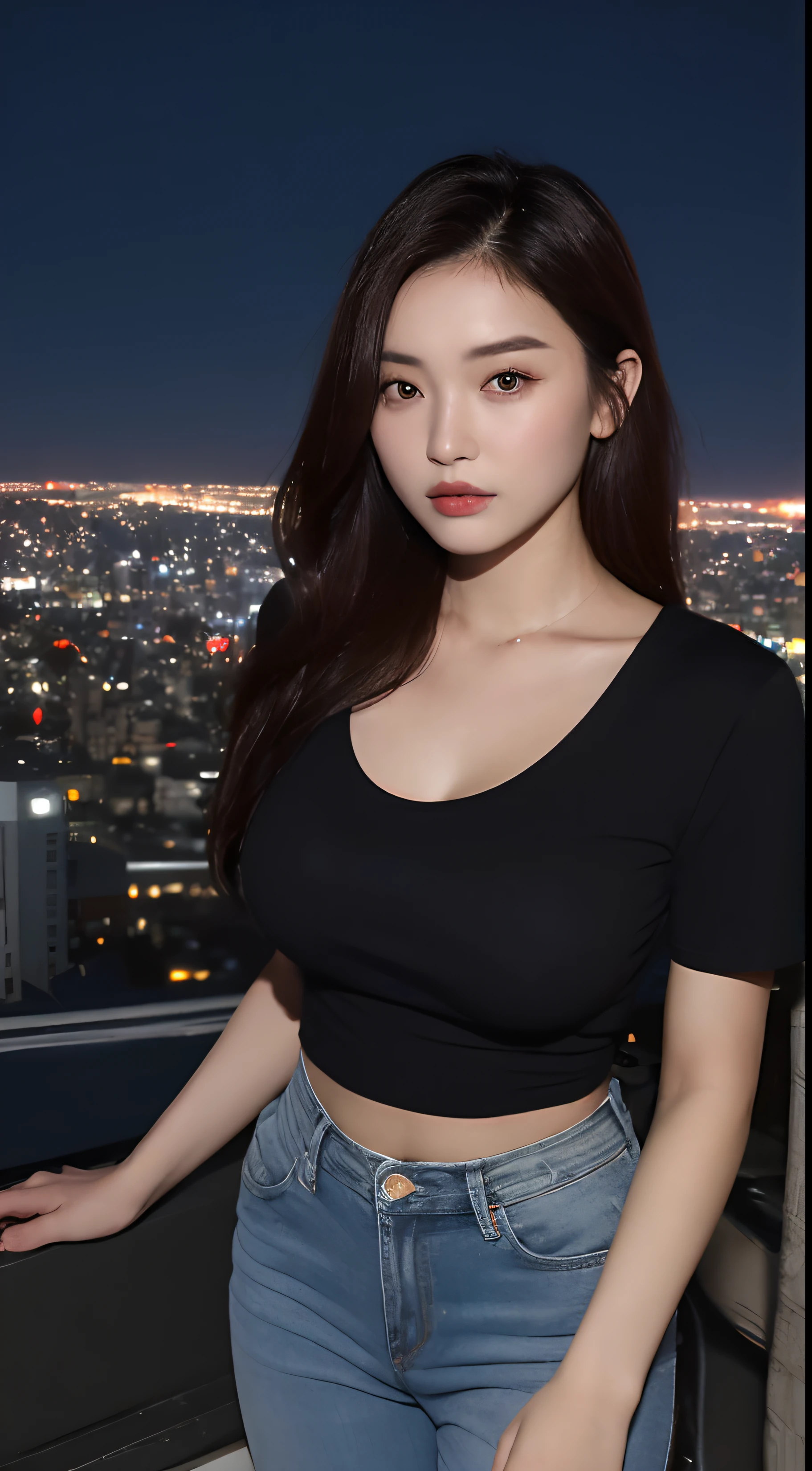 ((mid night、top-quality、8k、​masterpiece:1.3)), full bodyesbian, long legged, foco nítido:1.2, Beautiful woman with perfect body shape:1.4, Slender Abs:1.1, ((dark brown  hair、huge tit:1.2)), (White tight t-shirt、Tight skinny jeans 、is standing:1.2), ((Night City View、On the rooftop:1.3)), Highly detailed facial and skin texture, A detailed eye,