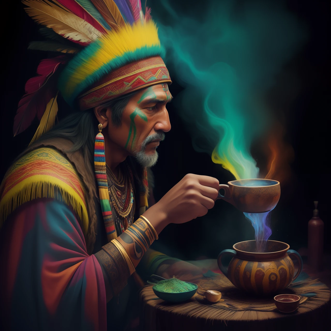 Painting of a native man with a cup of tea, ayahuasca shaman, psychedelic shaman, ayahuasca, psychedelic organic shaman, the ayahuasca spirit, ayahuasca ceremony, Nativo americano, psychedelic artwork, psychedelic art style, pintura mate, Arte nativa americana, psychedelic style, psychedelic acid trip, cheio de cores e detalhes ricos fotografiarrealista, fotografia, obra-prima, realista, Realismo, renderizado, Alto contraste, digital art photographyrealistic trend in Artstation 8k HD high definition detailed realistic, detalhado, textura da pele, hiper detalhado, textura de pele realista, armadura, melhor qualidade, ultra high-resolution, (fotografiarrealista: 1.4), alta resolução, detalhado, Calado bruto, sharp re, por lee jeffries Nikon D850 Filme Fotografia de Stock 4 Kodak Portra 400 Lente F1.6 Rich Colors Realistic Texture Dramatic Texture Dramatic Lighting Irrealengine Trend on Artstation Cinestill 800
