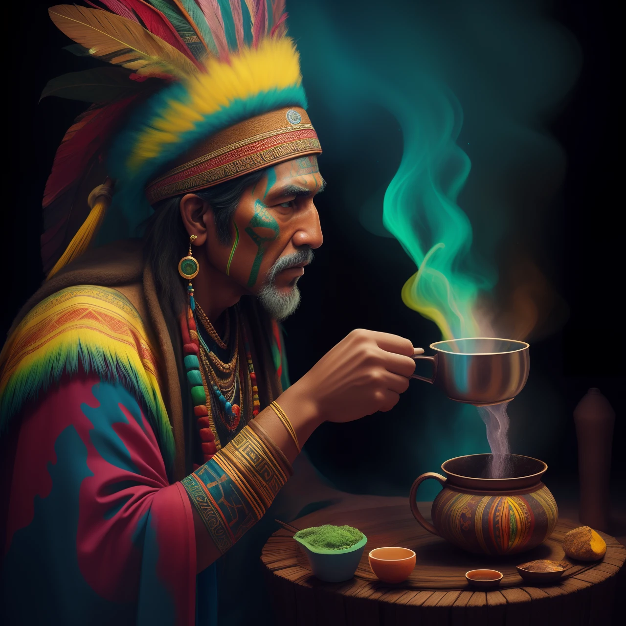 Stunning high quality image, texto Stylized in typed font in the shape of Marihuana "CHEFE APACHE" in in the text there is an arrow crossing the text on the side of the text In the image there is an Indian smoking a pipe, smoke is coming out of the pipe quality realistic rendering image