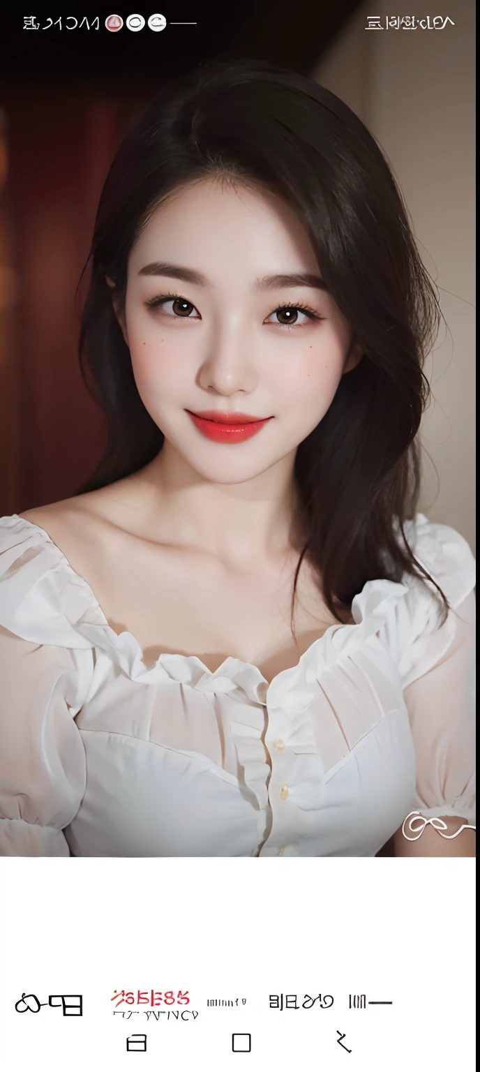 Close-up of woman with red lipstick on her phone, beautiful Korean women, Gorgeous young Korean woman, Korean girl, Beautiful young Korean woman, Korean woman, wan adorable korean face, young lovely Korean faces, porcelain white skin, Long hair,  Brown hair, view the viewer, Black eyes, Black hair, Smiling mouth, Black eyes, White background, Black low-cut outfit, fishing nets，long leges，Simple background),(RAW photo, Best quality), (Realistic, photo-realistic:1.4), Masterpiece, An extremely delicate and beautiful, Extremely detailed, 4k wallpaper, Amazing, finedetail, Extremely detailed Cg Unity 8K wallpaper, Ultra-detailed, A high resolution, Soft light, Beautiful detailed girl, Extremely detailed eyes and face, Beautiful detailed nose, Beautiful detailed eyes,Cinematic lighting,Perfect anatomy,(Body curves),Long hair,(Black hair:1.2),City lights at night,Smiling,