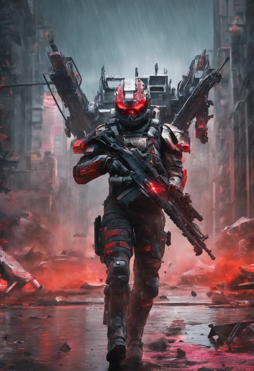 Postapocalyptic combat scene with a Beautiful hyperrealistic photograph of cute Young Swedish woman with Runic tattoos, ((dirty face Blood splattered)), (((wearing full heavy mecha armor, combat harness, Neon highlights))) Short Red Dreadlocks, combat pose, (((Holding on to the side of a combat Sci-Fi Combat helicopter))), exterior of Destroyed building, Fires, Smoke, debris, Camo netting, Ammo Boxes, Rain, Stormy, Wet, abstract beauty, near perfection, pure form, intricate detail, 8k post-production, High resolution, super Detail, trending on ArtStation, sharp focus, studio photos, intricate detail, Very detailed, By Greg Rutkowski