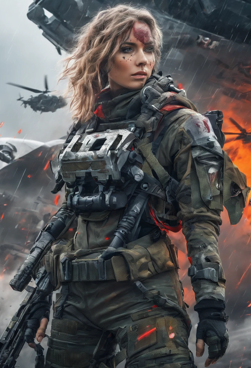 Postapocalyptic combat scene with a Beautiful hyperrealistic photograph of cute Young Swedish woman with Runic tattoos, ((dirty face Blood splattered)), (((wearing full heavy mecha armor, combat harness, Neon highlights))) Short Red Dreadlocks, combat pose, (((Holding on to the side of a combat Sci-Fi Combat helicopter))), exterior of Destroyed building, Fires, Smoke, debris, Camo netting, Ammo Boxes, Rain, Stormy, Wet, abstract beauty, near perfection, pure form, intricate detail, 8k post-production, High resolution, super Detail, trending on ArtStation, sharp focus, studio photos, intricate detail, Very detailed, By Greg Rutkowski