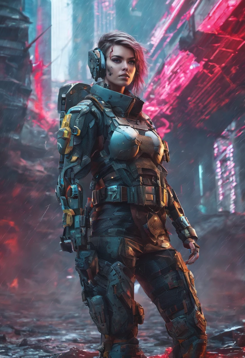 Postapocalyptic combat scene with a Beautiful hyperrealistic photograph of cute Young Swedish woman with Runic tattoos, ((dirty face Blood splattered)), (((wearing full heavy mecha armor, combat harness, Neon highlights))) Short Red Dreadlocks, combat pose, (((Holding on to the side of a combat Sci-Fi Combat helicopter))), exterior of Destroyed building, Fires, Smoke, debris, Camo netting, Ammo Boxes, Rain, Stormy, Wet, abstract beauty, near perfection, pure form, intricate detail, 8k post-production, High resolution, super Detail, trending on ArtStation, sharp focus, studio photos, intricate detail, Very detailed, By Greg Rutkowski