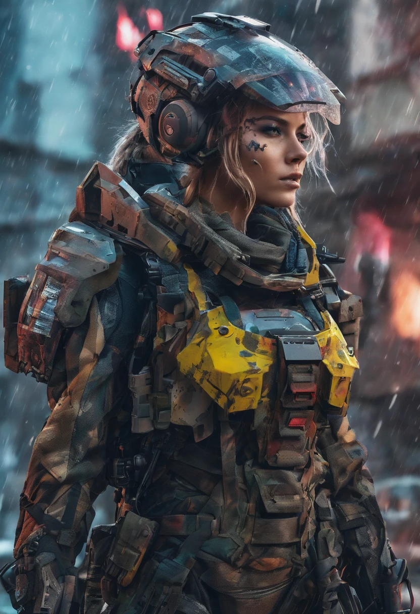 Postapocalyptic combat scene with a Beautiful hyperrealistic photograph of cute Young Swedish woman with Runic tattoos, ((dirty face Blood splattered)), (((wearing full heavy mecha armor, combat harness, Neon highlights))) Short Red Dreadlocks, combat pose, (((Holding on to the side of a combat Sci-Fi Combat helicopter))), exterior of Destroyed building, Fires, Smoke, debris, Camo netting, Ammo Boxes, Rain, Stormy, Wet, abstract beauty, near perfection, pure form, intricate detail, 8k post-production, High resolution, super Detail, trending on ArtStation, sharp focus, studio photos, intricate detail, Very detailed, By Greg Rutkowski