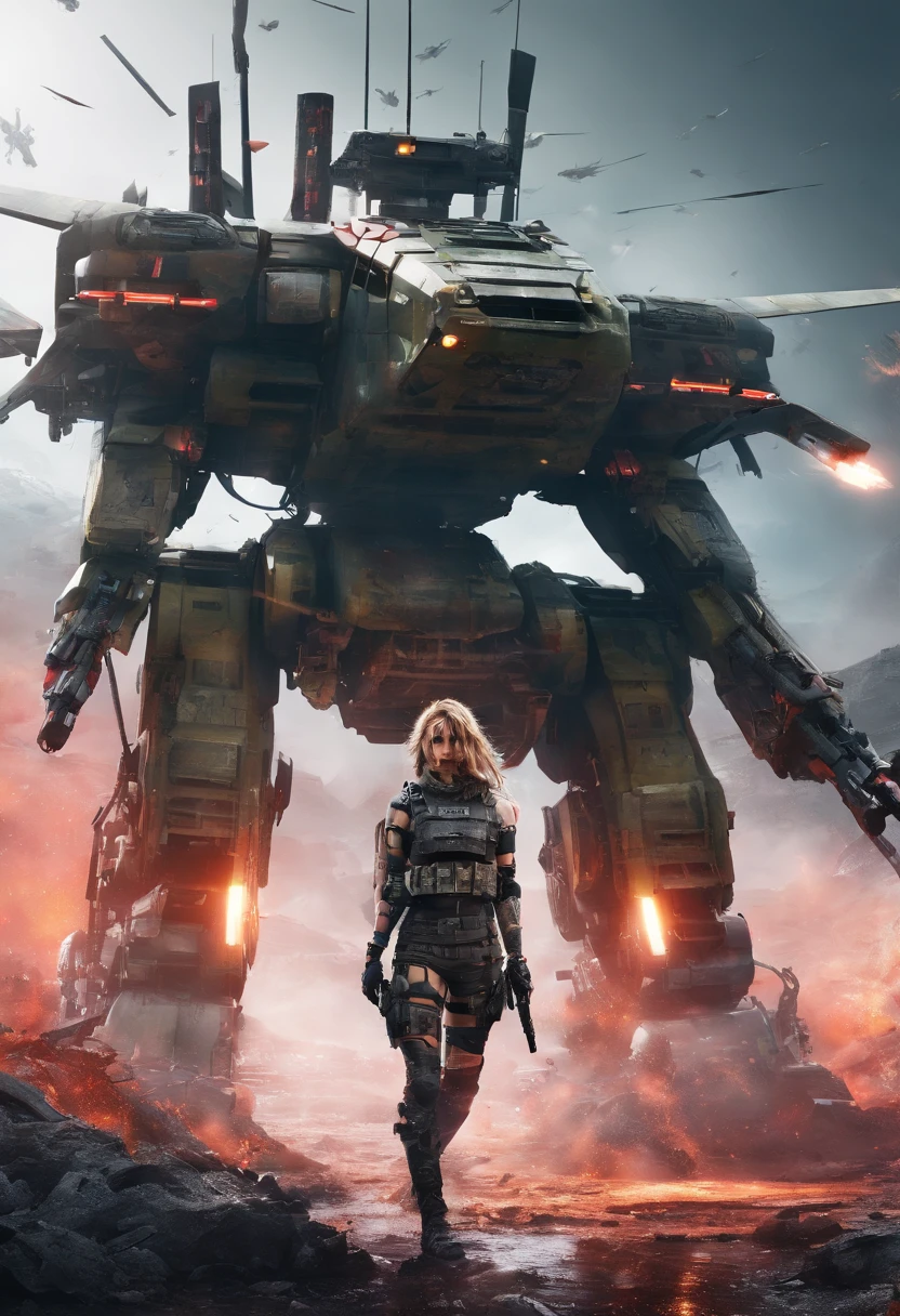 Postapocalyptic combat scene with a Beautiful hyperrealistic photograph of cute Young Swedish woman with Runic tattoos, ((dirty face Blood splattered)), (((wearing full heavy mecha armor, combat harness, Neon highlights))) Short Red Dreadlocks, combat pose, (((Holding on to the side of a combat Sci-Fi Combat helicopter))), exterior of Destroyed building, Fires, Smoke, debris, Camo netting, Ammo Boxes, Rain, Stormy, Wet, abstract beauty, near perfection, pure form, intricate detail, 8k post-production, High resolution, super Detail, trending on ArtStation, sharp focus, studio photos, intricate detail, Very detailed, By Greg Rutkowski