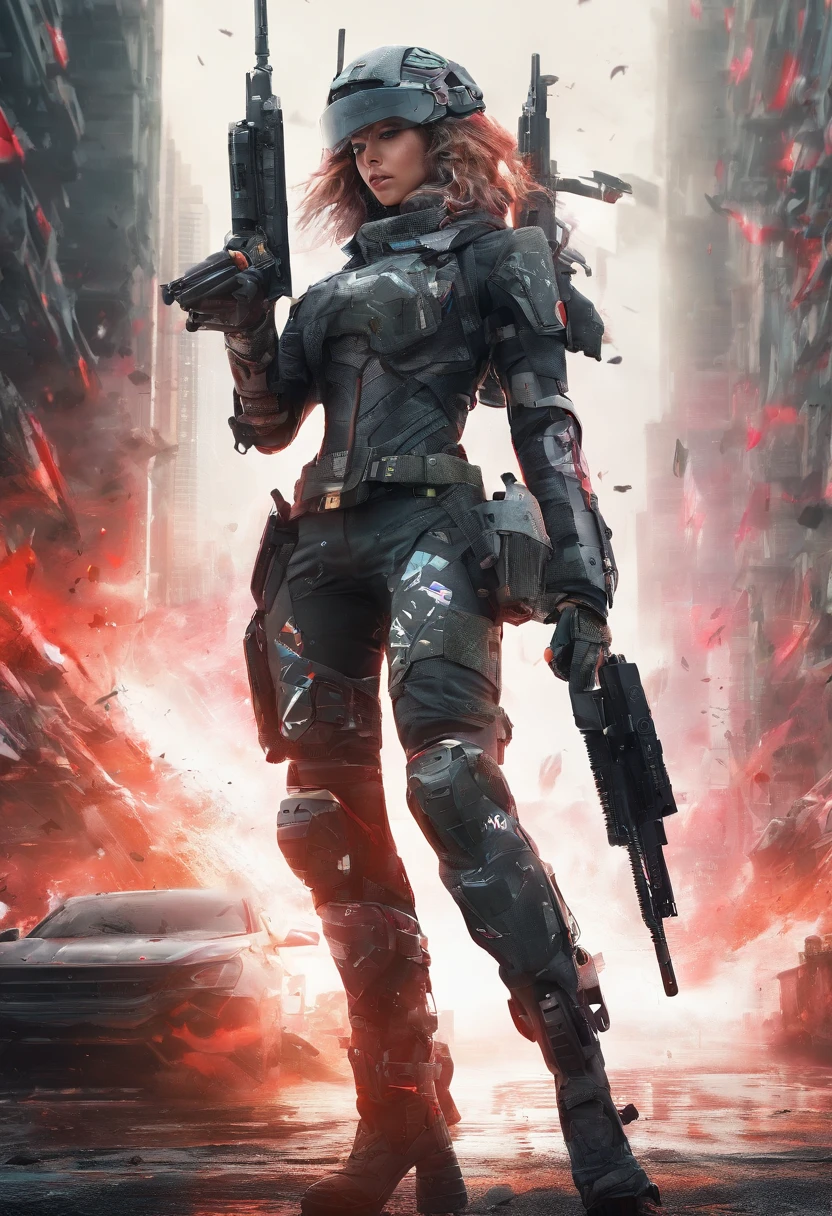 Postapocalyptic combat scene with a Beautiful hyperrealistic photograph of cute Young Swedish woman with Runic tattoos, ((dirty face Blood splattered)), (((wearing full heavy mecha armor, combat harness, Neon highlights))) Short Red Dreadlocks, combat pose, (((Holding on to the side of a combat Sci-Fi Combat helicopter))), exterior of Destroyed building, Fires, Smoke, debris, Camo netting, Ammo Boxes, Rain, Stormy, Wet, abstract beauty, near perfection, pure form, intricate detail, 8k post-production, High resolution, super Detail, trending on ArtStation, sharp focus, studio photos, intricate detail, Very detailed, By Greg Rutkowski