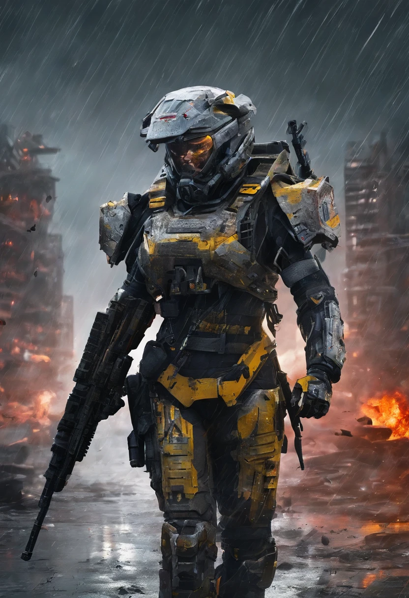 Postapocalyptic combat scene with a Beautiful hyperrealistic photograph of cute Young Swedish woman with Runic tattoos, ((dirty face Blood splattered)), Kaftan, (((wearing full heavy mecha armor, combat harness, Neon highlights))) Short Red Dreadlocks, combat pose, (((Holding on to the side of a combat Sci-Fi Combat helicopter))), exterior of Destroyed building, Fires, Smoke, debris, Camo netting, Ammo Boxes, Rain, Stormy, Wet, abstract beauty, near perfection, pure form, intricate detail, 8k post-production, High resolution, super Detail, trending on ArtStation, sharp focus, studio photos, intricate detail, Very detailed, By Greg Rutkowski