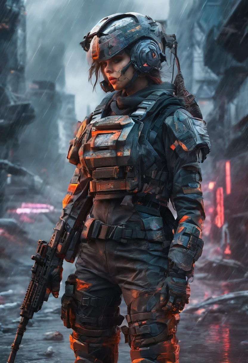 Postapocalyptic combat scene with a Beautiful hyperrealistic photograph of cute Young Swedish woman with Runic tattoos, ((dirty face Blood splattered)), (((wearing full heavy mecha armor, combat harness, Neon highlights))) Short Red Dreadlocks, combat pose, (((Holding on to the side of a combat Sci-Fi Combat helicopter))), exterior of Destroyed building, Fires, Smoke, debris, Camo netting, Ammo Boxes, Rain, Stormy, Wet, abstract beauty, near perfection, pure form, intricate detail, 8k post-production, High resolution, super Detail, trending on ArtStation, sharp focus, studio photos, intricate detail, Very detailed, By Greg Rutkowski
