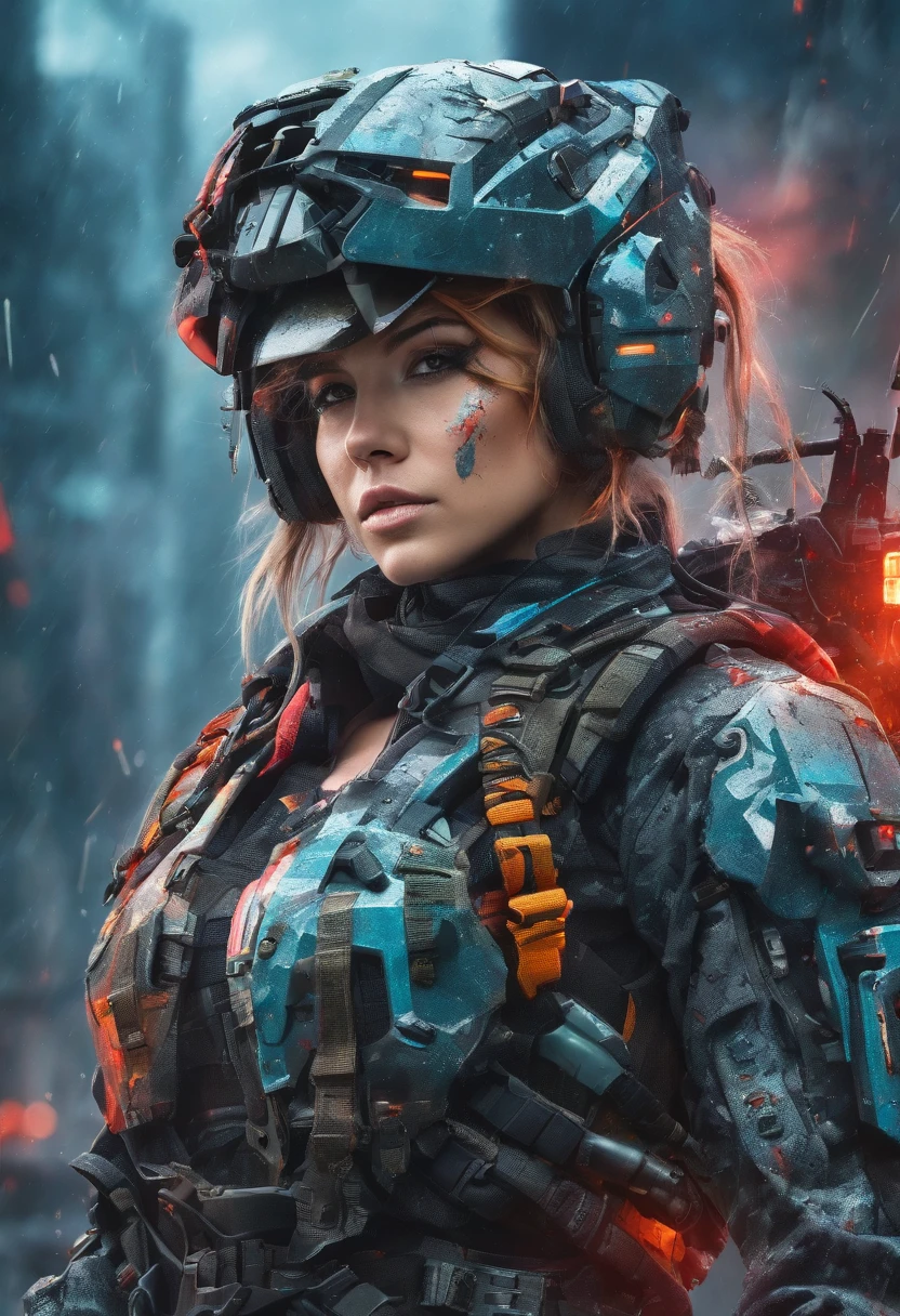 Postapocalyptic combat scene with a Beautiful hyperrealistic photograph of cute Young Swedish woman with Runic tattoos, ((dirty face Blood splattered)), (((wearing full heavy mecha armor, combat harness, Neon highlights))) Short Red Dreadlocks, combat pose, (((Holding on to the side of a combat Sci-Fi Combat helicopter))), exterior of Destroyed building, Fires, Smoke, debris, Camo netting, Ammo Boxes, Rain, Stormy, Wet, abstract beauty, near perfection, pure form, intricate detail, 8k post-production, High resolution, super Detail, trending on ArtStation, sharp focus, studio photos, intricate detail, Very detailed, By Greg Rutkowski
