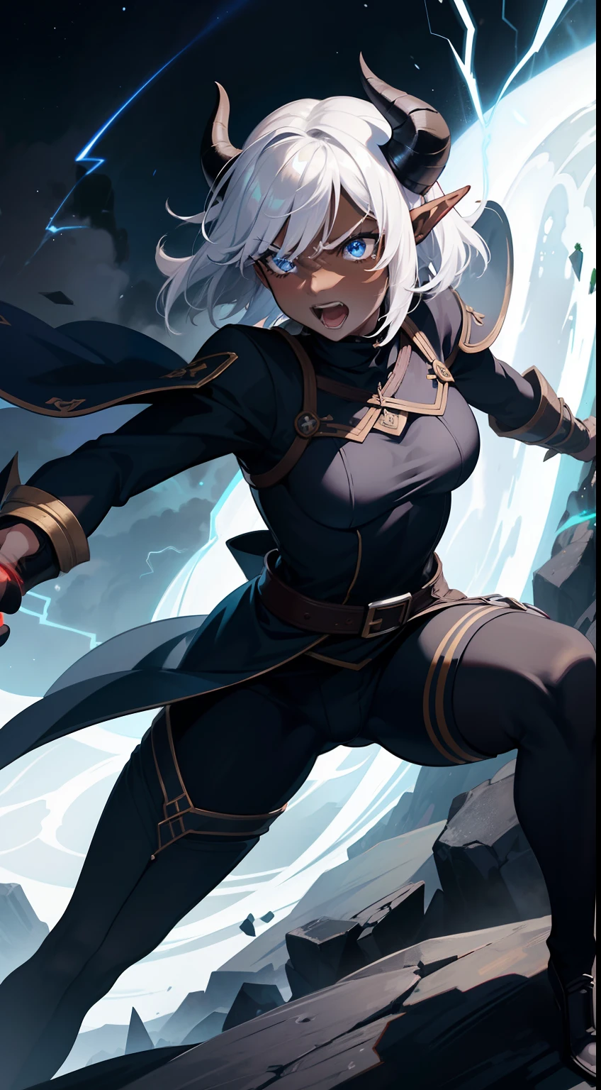 1woman,30s,solo,angry face,smile,open mouth,((dark skin)),Short hair,White hair,blue eyes,elves ears,black horns,thunder clounds,night, attacking with blue lightnings, black outfit,running