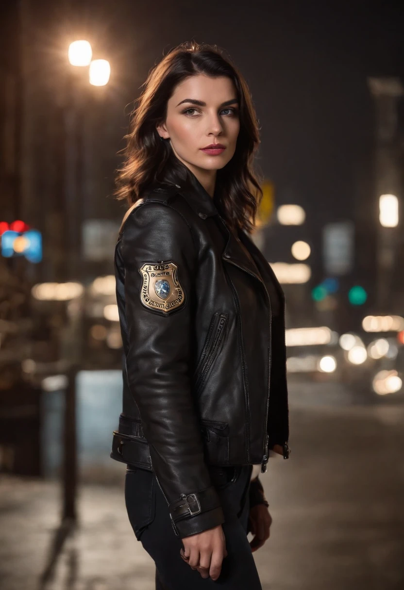 Portrait of Natlp as a beautiful female model, Georgia Fowler, Beautiful face, with short dark brown hair, in cyberpunk city at night. She is wearing a leather jacket, Black jeans, Dramatic lighting, (Police badge:1.2)