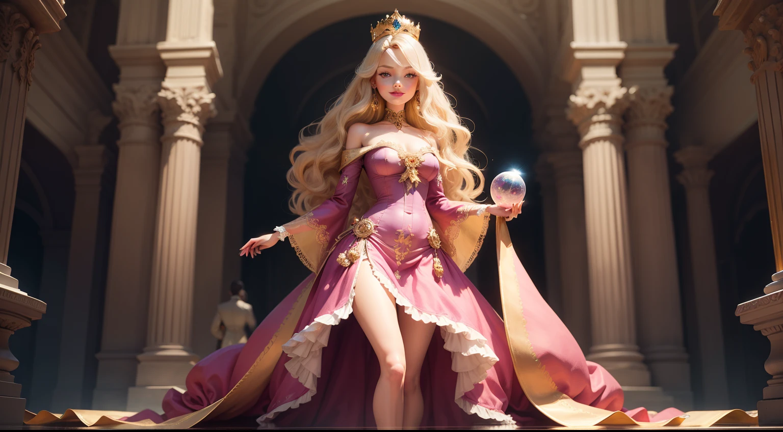 Very pretty Barbie doll wearing a crown standing in the palace looking straight at the camera, holding a crystal ball, bright eyes, detailed hand with 5 fingers, full body portrait, wearing a discreet dress, zoom, suggestive face emotional, sexy eyes, smiling mouth, surreal, super detailed