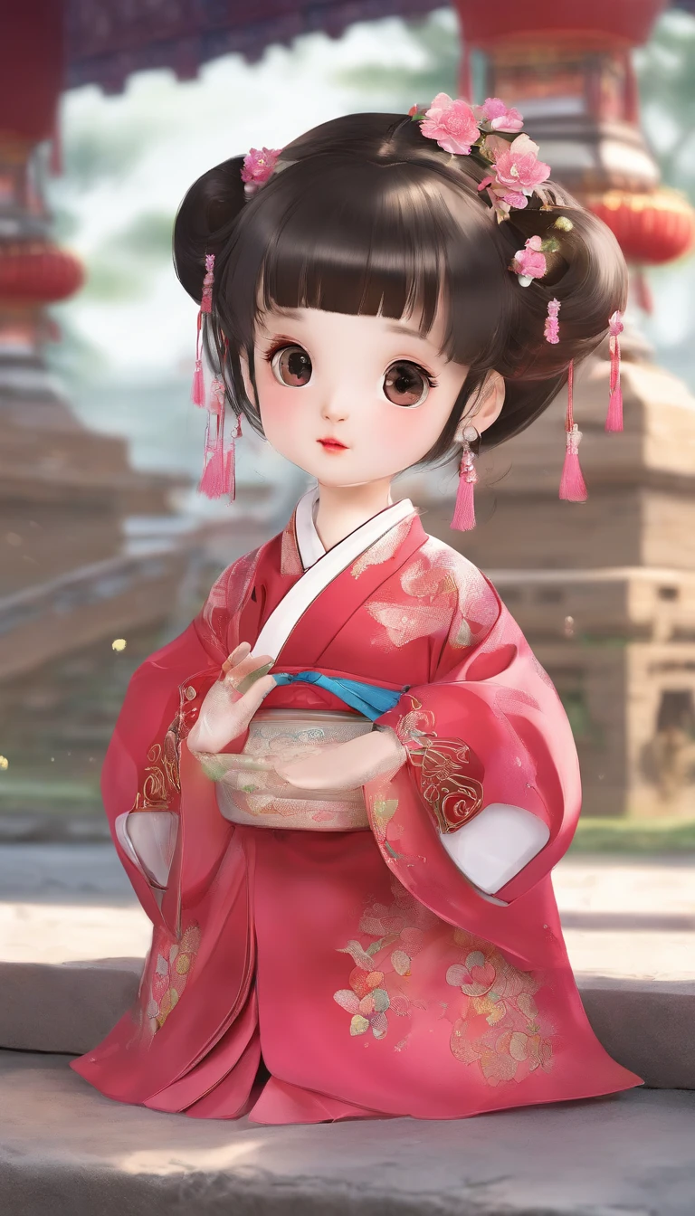 A little girl，Hold your arms，Frowning，Staring at you angrily，Pouting angrily，Floral half-sleeved cheongsam，Cute fat girl，A ball head