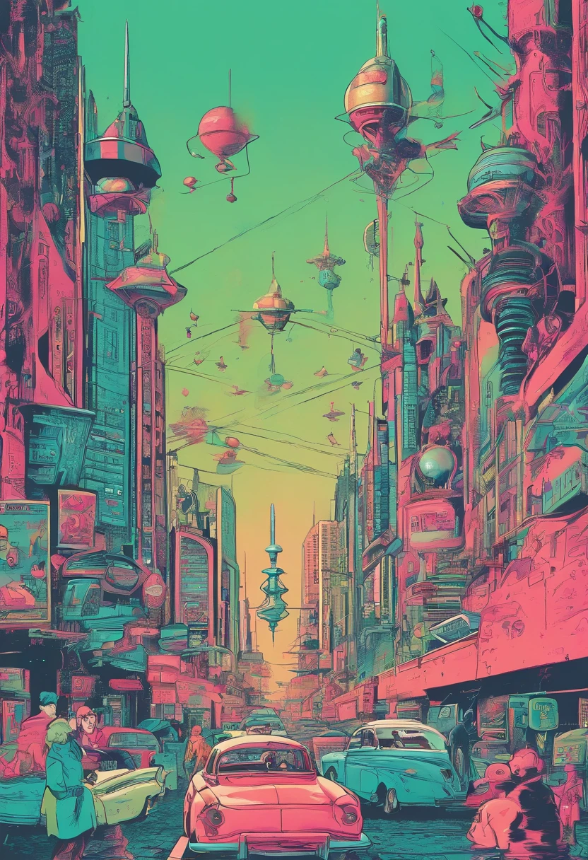 random lifeforms on a street, dreamy world, strange image, 1960 counterculture, dreamy, imaginative 1960 horror movie still