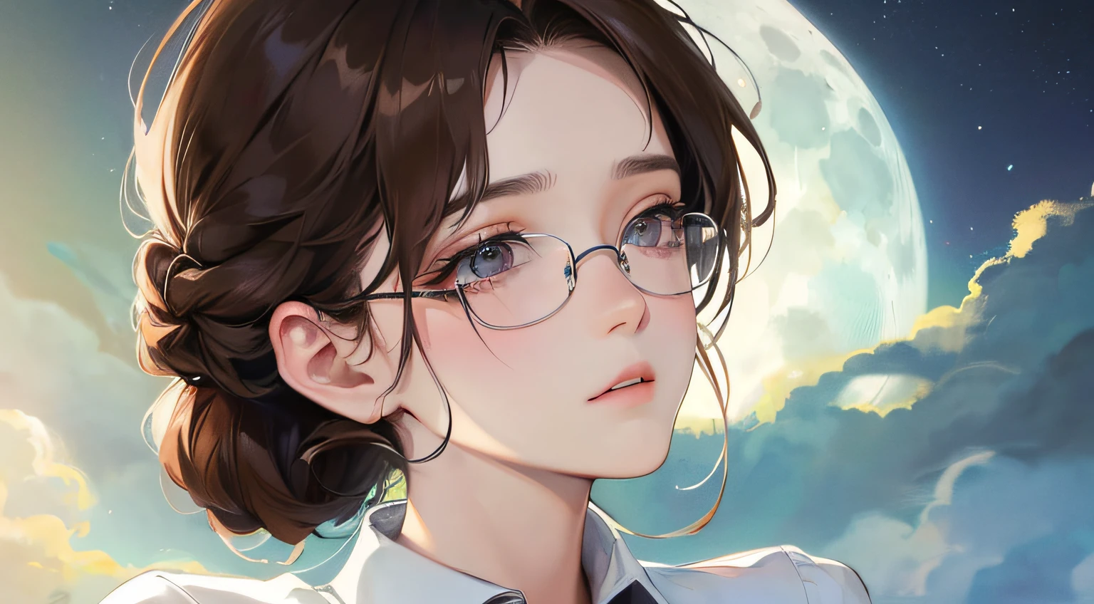 ((Moon Night))、(((1人の女性)))、(Top resolution、Distinct_image) best qualtiy、masterpiece、ighly detailed、Semi-realistic、Brown hair、eye glass、Braided hairstyle、((sad Facial expression))、bangss、21 years old、Mature、年轻、Open outdoors、White shirt、delicated facial features、Facial features、mid-shot