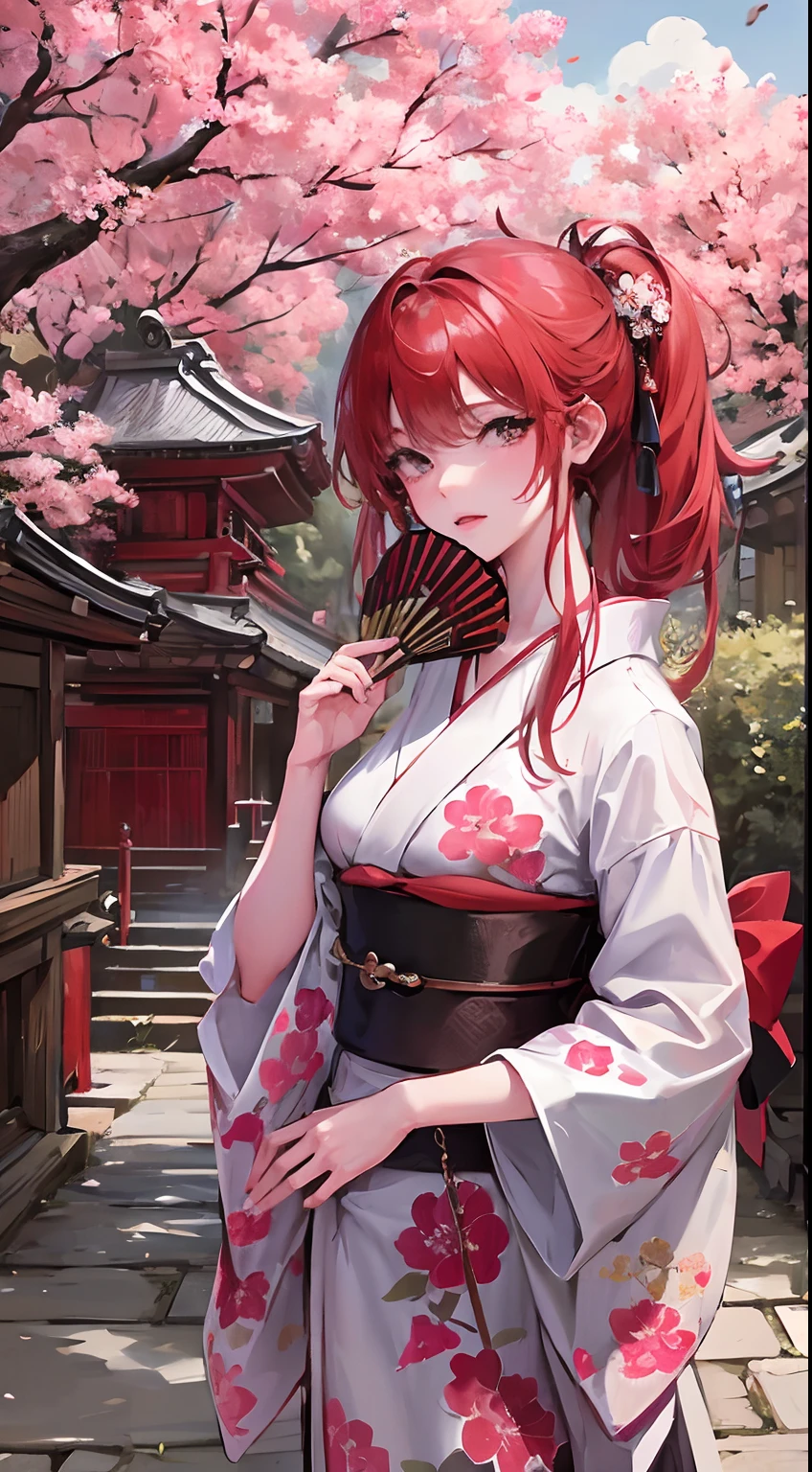 masterpiece、top-quality、ultra-detailliert、cherry trees、Woman in kimono sightseeing at Kiyomizu-dera Temple in Kyoto、Close-up hairstyle、Holding a fan in one hand