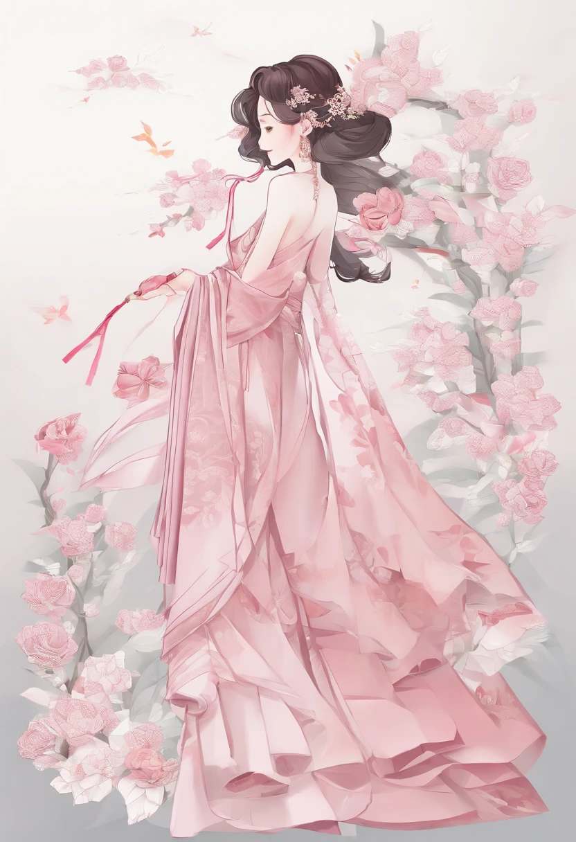 A high resolution,ultra - detailed), offcial art, Unity 8k壁纸, Ultra-detailed, Beautiful and aesthetically pleasing, tmasterpiece, best qualityer,long skirt,Slim girl girl, Dressing, clothing design, Rose, Sweet tea, Pink, Fishtail skirt, Diagonal lace design, Decorated with delicate pearls, short- sleeved, Wear a neck circumference, Stacking art, Fairy style, Elegant temperament,New Chinese style,(Chinese coiled hair)